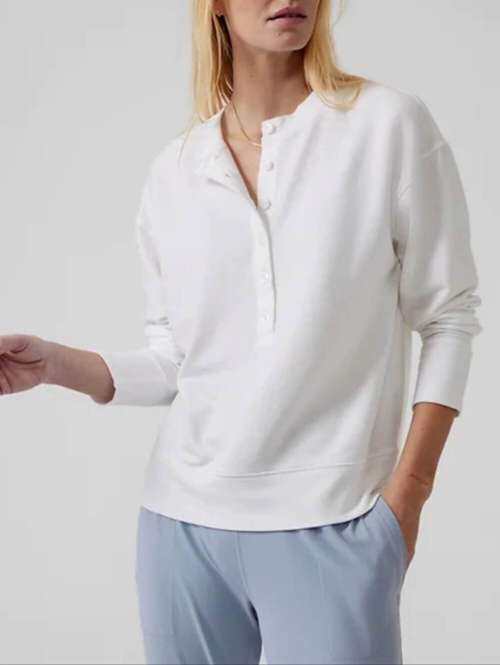 Athleta Balance White Henley Button Fleece Pullover Sweatshirt